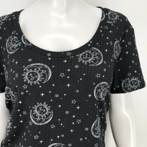 Celestial Moon Sun Stars Shirt Womens Large ? Ruched Tie Sides Ribbed Zodiac